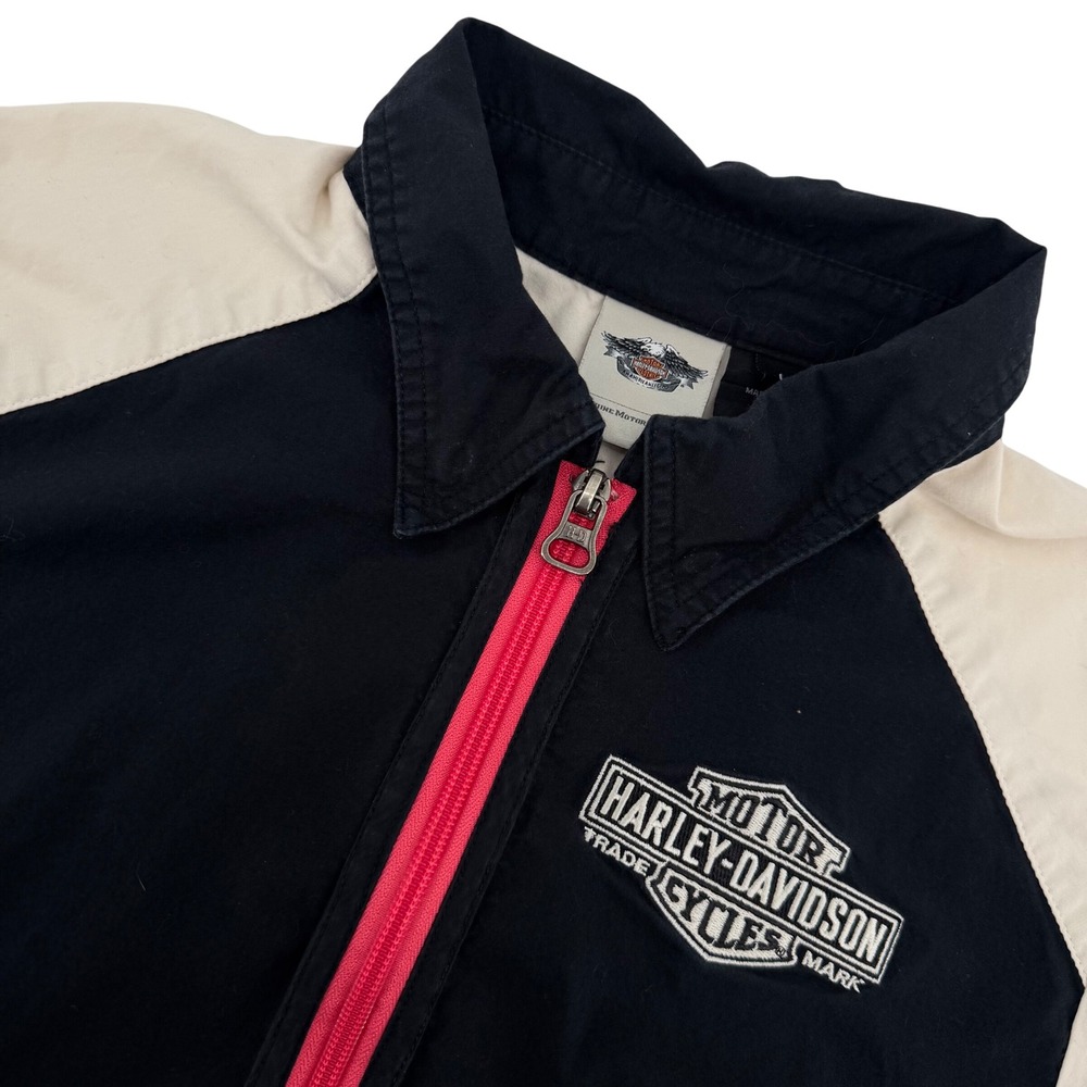 Harley-Davidson Zip Up Shirt Womens L Black Pink Colorblock Embroidered Wings